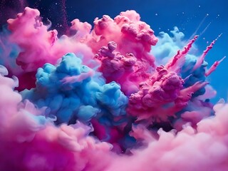 A mesmerizing explosion of vibrant pink and blue powder, suspended in mid-air, creating a dreamy and celebratory atmosphere.

