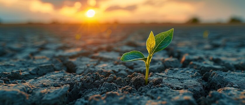 Sprout emerging from the dry earth symbolizes resilience and growth. Grown from the ground on a dry land, depth of field, banner