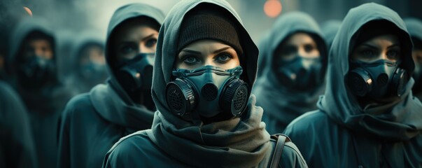 Crowd of people in medical masks against virus.