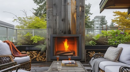 A Vancouver craftsman marvel, with a sustainable rooftop garden and a cozy fireplace made from reclaimed wood - obrazy, fototapety, plakaty