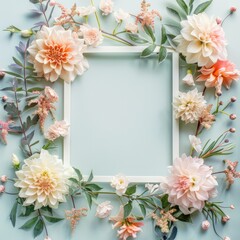 Wedding elegant flower frame on a light blue background. Generative AI