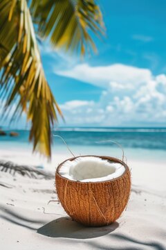 Tropical coconut juice, cocktail with drinking straw. Tropical coconut juice, water, cocktail with bamboo drinking straw on sunny beach and palm minimal. Cold summer refreshment beverage for enjoy. Cl