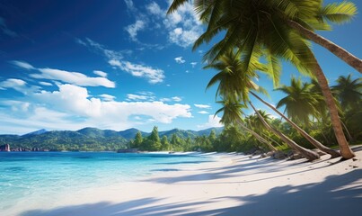 Beautiful white beach and amazing sea, lush green palm trees, pristine white sands. Perfect vacation concept.