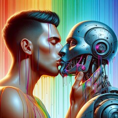 Collage art Robot machine kissing Man boy LGBTQ Pride Gay marriage AI technology humans future flowers colorful vibrant poster digital art International Kiss day wallpaper render concept