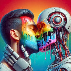 Collage art Robot machine kissing Man boy LGBTQ Pride Gay marriage AI technology humans future flowers colorful vibrant poster digital art International Kiss day wallpaper render concept