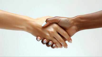 Women's shaking hands. Two female hands, one white, the other black, shake jointly. Womans stronger together. 