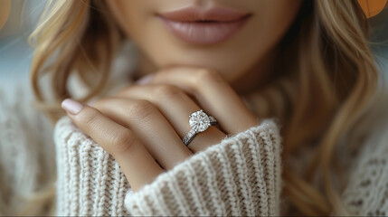 Elegant woman wearing diamond ring. Beautiful jewelry and accessory business banner concept.