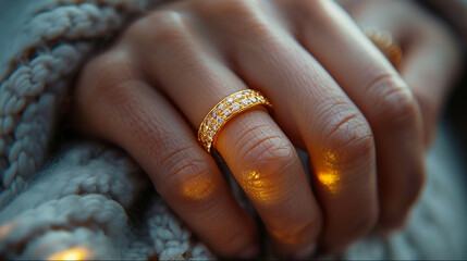 Gorgeous close-up of a woman's hand with a gold ring highlighted sunlight. Glamour jewelry banner concept.