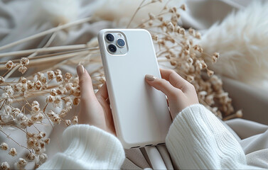 Minimalistic still life of a white phone in a woman's hand. White cover of mobile for mockup background.