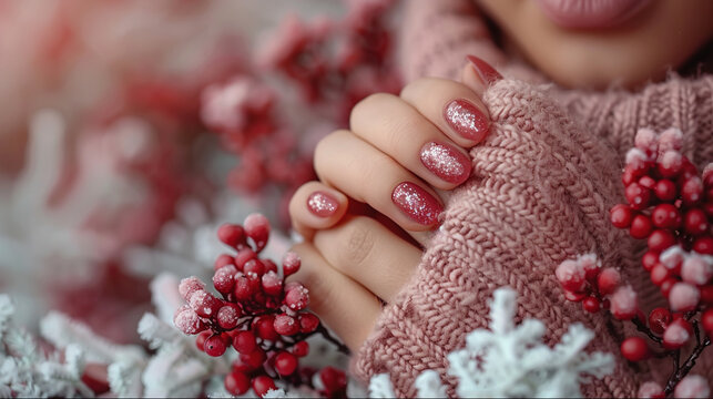 Elegant red manicure with a touch of glamour. Professional classic manicures on women as a result of the nail business.