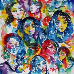 Abstract colorful art watercolor painting depicts International Women's Day, 8 March of different cultures and ethnicities together. concept of gender equality and the female empowerment movement.