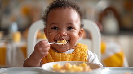 Curious baby learning to self feed, messy face covered in food, sitting in a high chair. Adorable and endearing moment of early exploration