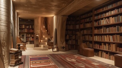 An Egyptian-themed craftsman masterpiece in Cairo, with a secret underground library inspired by ancient scrolls - Powered by Adobe