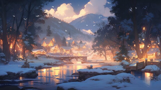 Snowy village with snowman and ice mountain on Christmas night. Aesthetic anime style concept art for book, game, or digital painting.