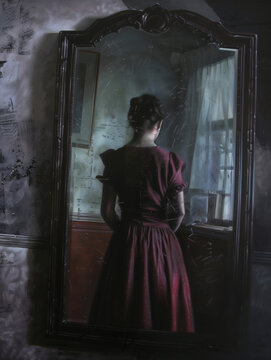 a woman's back reflected in the mirror - haunting brunette in a burgandy dress - generative ai