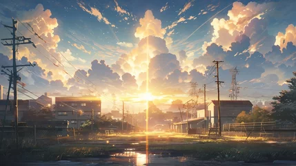 Tuinposter Abandoned towns in daylight with dramatic lens flares and anime style illustration © Ameer