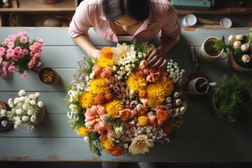 Woman make traditional Spring or Easter wreath of blossom flowers at her florist shop. Happy Easter holiday.