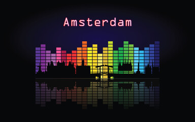 Black panorama of city of Amsterdam on multi colored music equalizer with  reflection of city and music equalizer with multi colored inscription of the name of the city on black background