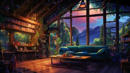 Anime manga style empty room with jungle view and hip-hop lights: a colorful and cozy lofi scene