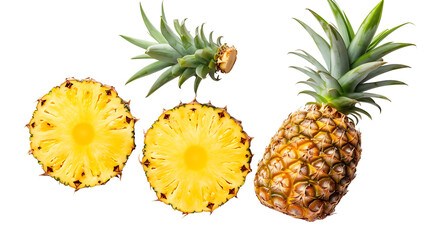 Flat lay of Pineapple with cut in half isolated on transparent background