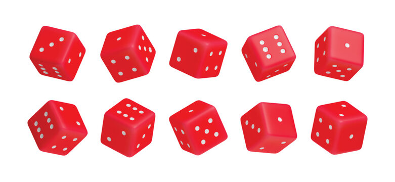 Set of red dice with random numbers of white dots 3D rendered. Gambling objects to play craps and poker, casino, tabletop or board games realistic three dimensional vector illustration