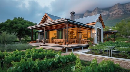 Fototapeta na wymiar A Cape Town craftsman house, with a vineyard-facing veranda and a sustainable aquaponics garden