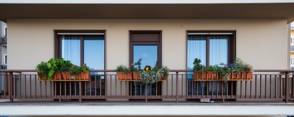 Spacious balcony of an apartment with flowers in pots.
