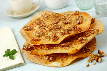 Honey pancakes with walnuts.