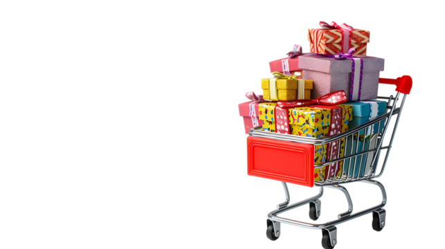 Gift boxes stacked in a shopping cart against transparent background 
