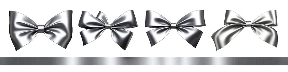 Set of insulated silver satin bows and ribbon for decorating gifts on a transparent background