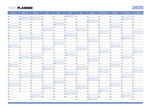Blank blue 2025 year year planner, wall calendar for monthly and daily agenda. Schedule page journal, stationery calendar, organizer, planner template with twelve months vector illustration