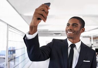 African man, selfie and office for business with suit for photography, memory and happy for post on...