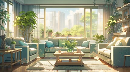 Luxurious and cozy living room with a modern and anime-inspired style