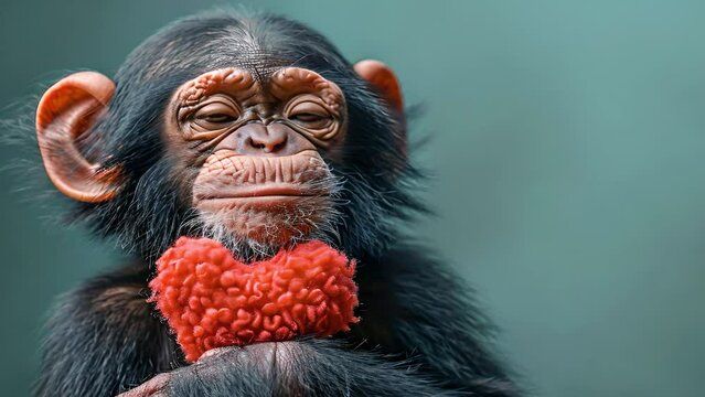 Cute monkey chimpanzee holding red heart. Pastel green background. Happy monkey for St. Valentine's Day party. Happy Valentine's Day 4k video funny