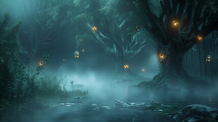 A mystical swamp with fog and glowing eyes in the darkness