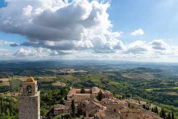 High angle panoramic view over San Gimignano, Italy with view on the tower Torre Rognosa  and...