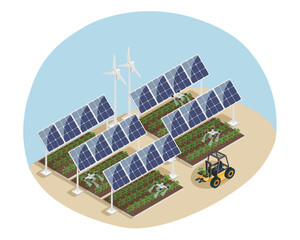 Smart farm with wind turbines, solar panels and agrodrones. Isometric vector illustration. 