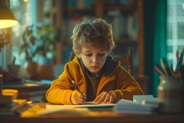 Young boy sitting at a table with pen and paper, focused on writing and drawing