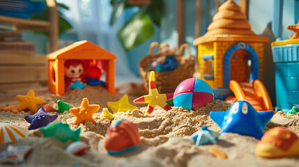 Children's toys in the sandbox - obrazy, fototapety, plakaty