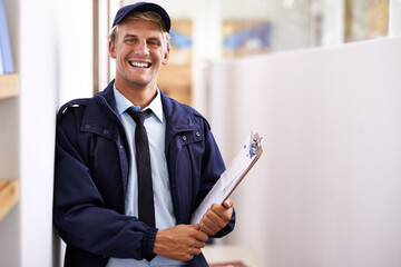 Portrait, smile and retail with courier man at office for distribution, shipping or service....