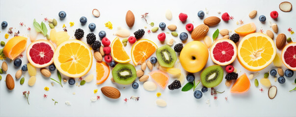 Top view of colorful fruit mix with nuts in white background. Healthy breakfast concept. Fresh fruit, raw food