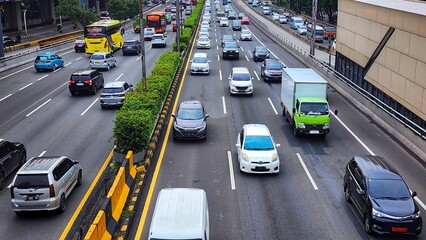 many cars are driving on a busy highway