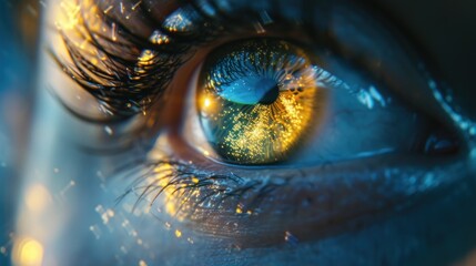 a close up of a person's eye with the reflection sky in the iris eye.