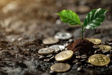 tiny plant, bursting with life, pushes through a mound of tarnished coins