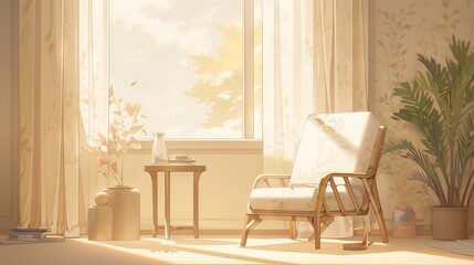 Boho room interior with wicker armchair and vase on empty beige wall. Bright natural light from window. Anime-style illustration for promotion or decoration.