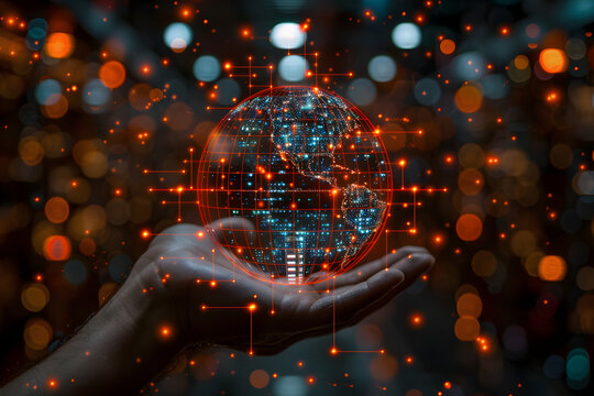 Man hand holding global network connection concept on bokeh background