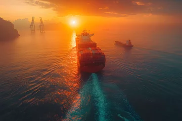 Outdoor kussens Aerial view of cargo ship in the sea at sunset time © D