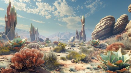 An alien landscape with strange plants and rock formations