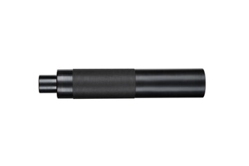 Black silencer for weapons. Suppressor that is at the end of an assault rifle. Isolate on a white back.