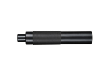 Black silencer for weapons. Suppressor that is at the end of an assault rifle. Isolate on a white...